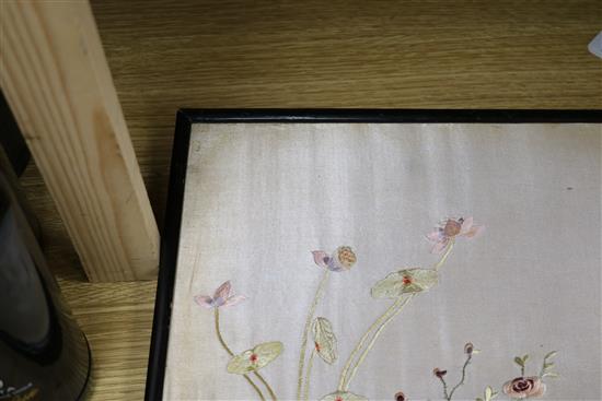 A Chinese embroidered silk picture of antiques, early 20th century, 36cm wide, 45cm high